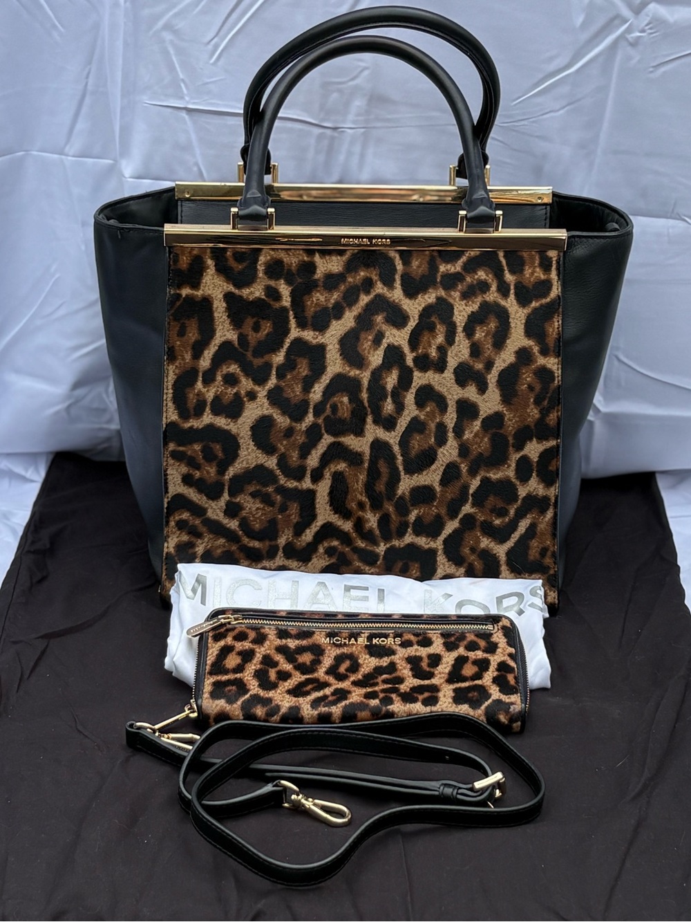 MICHAEL KORS Lana Leopard Print Leather Tote with Matching Wallet - Black/Brown